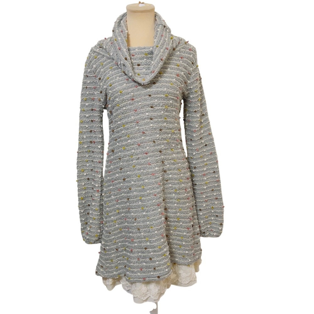 Altar'd State Women Cowl Neck Popcorn Knit Lace Hem Tunic Sweater Gray Small